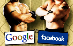 Picture of two men squaring off before a fight with the Google logo under one man and the Facebook logo under the other man.